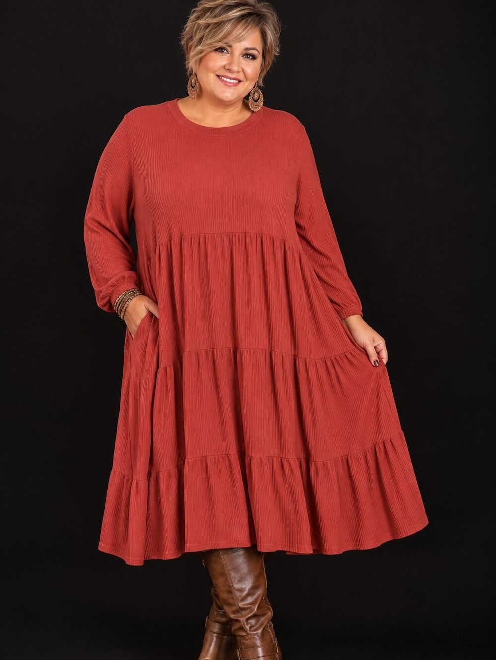 Women’s Long Tiered Ribbed Dress - Rust Red
